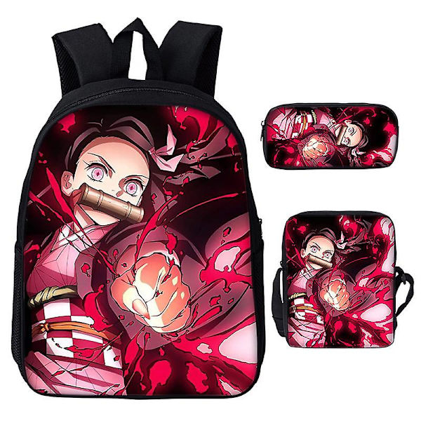 3st/ set Japan Anime Demon Slayer Studenter Pojkar Flickor Skolväska Ryggsäck Barn Tonåring Tecknad Oxford Vattentät skolväska Burgundy 17 Inches
