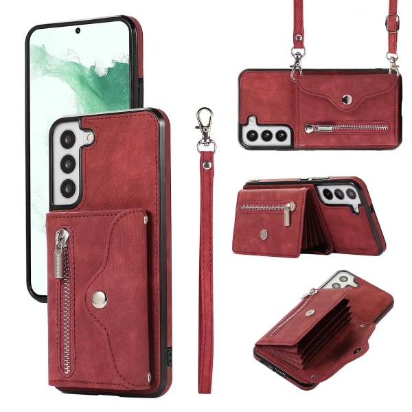 För Samsung Galaxy S22+ 5g Anti-fall phone case Rfid blockerande kortväska Pu Läder+tpu cover med stöd Red