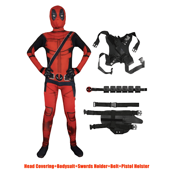 MARVEL Barn Deadpool Cosplay Kostym Vuxna Bodysuit Jumpsuit med Tillbehör Huvudbonad Festkläder Klä Ut Kläder 130(Fit 120-130cm) 5pcs-317