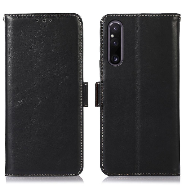 Timubike phone case i äkta kohud för Sony Xperia 1 V Crazy Horse Texture Rfid Blockeringsställ Plånboksskal Black