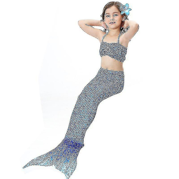 Barn Flickor Mermaid Tail Bikini Set Badkläder Baddräkt Simdräkt Dark Blue 9-10 Years