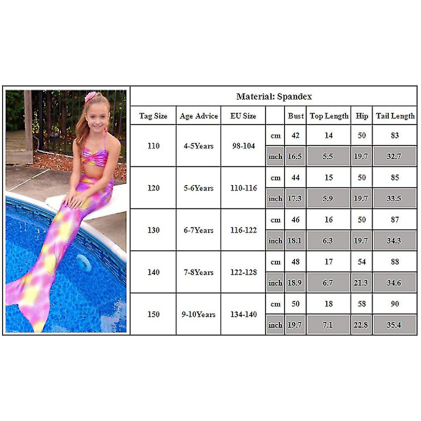 Barn Flickor Mermaid Tail Bikini Set Beach Badkläder Baddräkt 3st/ set Purple Yellow 6-7 Years