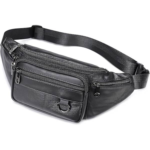 Äkta läder Fanny Pack välgjord slitstark midjeväska i läder med massor av fickor med blixtlås Svart null none