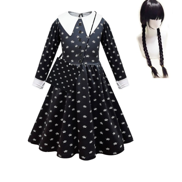 2023 onsdag Addams Cosplay set för flickor svart printed klänning Karnevalsfestförklädnad 3 piece set 110cm