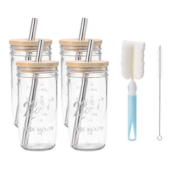 Masonburkar i glas Smoothiekoppar med bred mun Återanvändbara Boba-tekoppar med bambulock och silverhalm 700ML 4Pcs