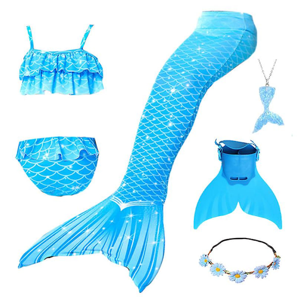 Sommarflicka sjöjungfru stjärt med monofin Halloween kostym prinsessa klänning baddräkt bikini badkläder för simning V 150cm(11-12T) 6PCS with fins4