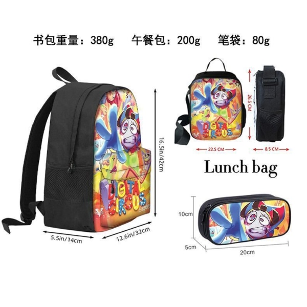 Gränsöverskridande Digital Amazing Circus Student School Bag med Front Bag Ryggsäck Endelager Pen Bag Termisk Lunch Bag Set med Tre 6 Front Bag 16 tum Paket