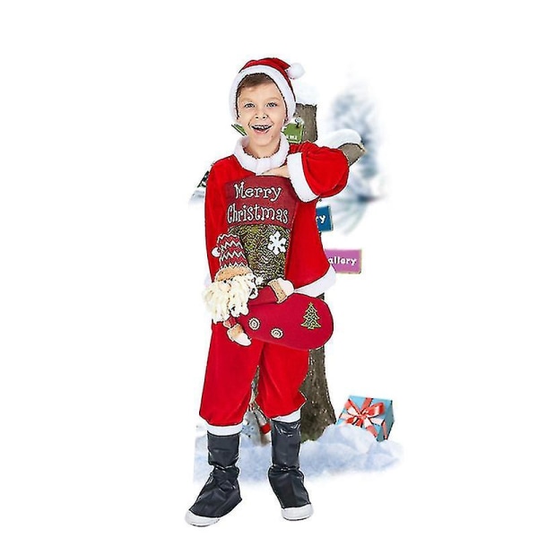 Cosplay kostym för pojkar Tomtekostym Barntomtekostym Sammetstomtekostym för pojkar Juldräkt (utan väska) 120cm 4PCS