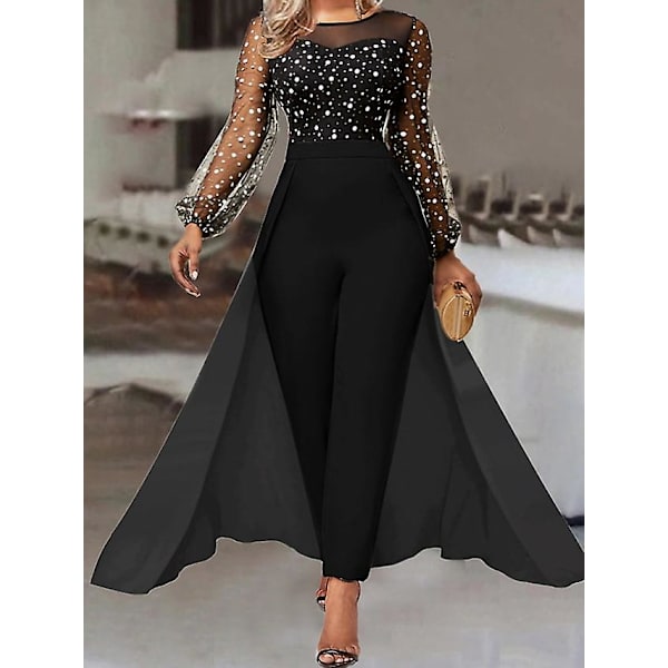 Jumpsuit, mesh för kvinnor , prickig rund hals Formell fest helg Rak normal passform långärmad svart Black M