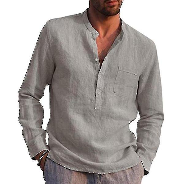 Herr långärmade skjortor Linne bomull knappar Strand Casual sommarskjortor Grey XL