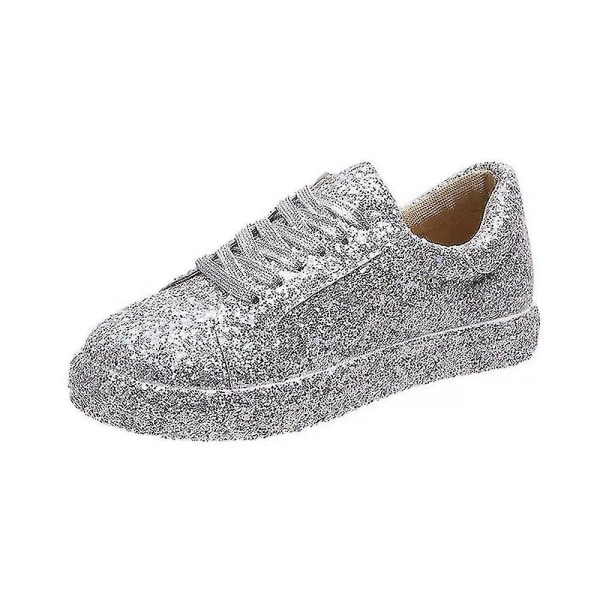 Kvinnor med snörning Glitter Sneakers Glitter Casual Jogging Sneakers Platta skor Silver 35