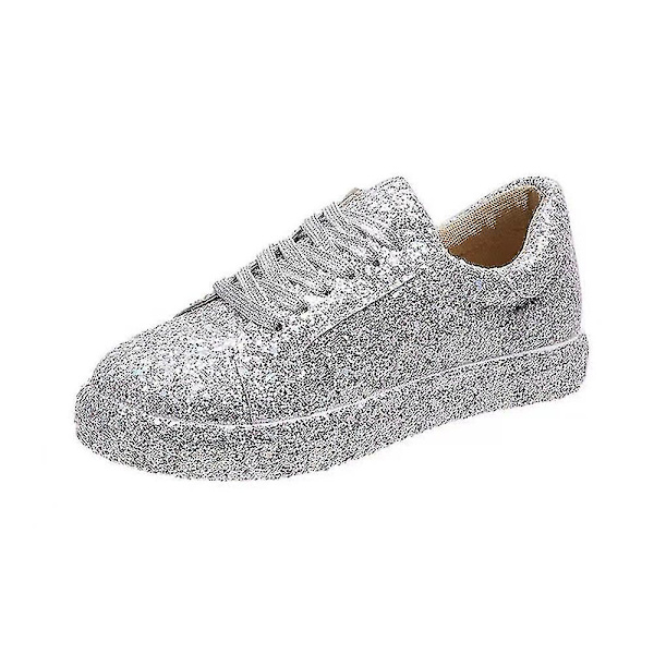 Kvinnor med snörning Glitter Sneakers Glitter Casual Jogging Sneakers Platta skor Silver 35