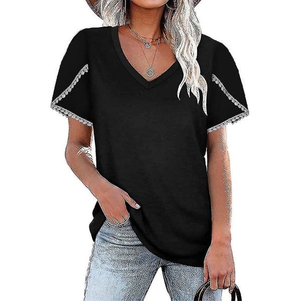 2023 kortärmad t-shirt för kvinnor Casual lös rund halsad topp Mode som andas sommarkläder Nytt Black L