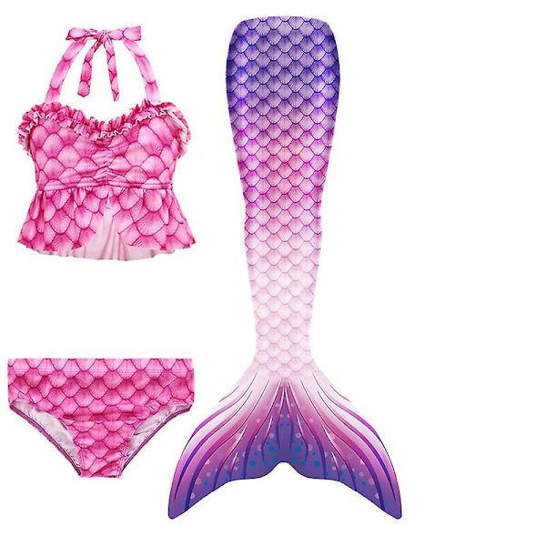 Sommarflicka sjöjungfru stjärt med monofin Halloween kostym prinsessa klänning baddräkt bikini badkläder för simning V 150cm(11-12T) 3PCS without fins20