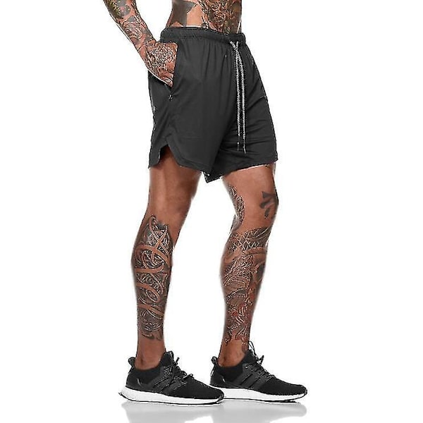 2-i-1 tränings- och löparshorts för män med blixtlåsförsedda fickor black XL