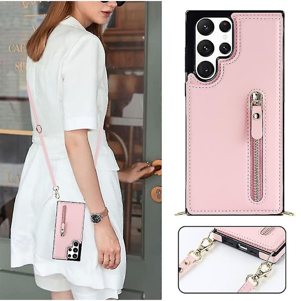 Crossbody axelrem case Kompatibel Samsung Galaxy S23 Ultra/ S23+/ S23 med korthållare Stötsäker Pink for S23