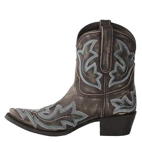 Kvinnor Retro Western Cowboy Cowgirl Broderi Spetsiga Tå Ankel Boots Låg Block Heel Booties Skor Storlek GREY EU 35