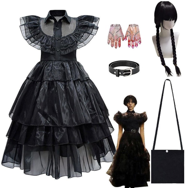 Barn Flickor Onsdag The Addams Family Costume Halloween Klänning Födelsedagsfest Dress Belt Bag Gloves 150cm