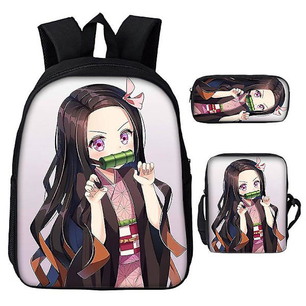 3st/ set Japan Anime Demon Slayer Studenter Pojkar Flickor Skolväska Ryggsäck Barn Tonåring Tecknad Oxford Vattentät skolväska Dark Khaki 20 inches