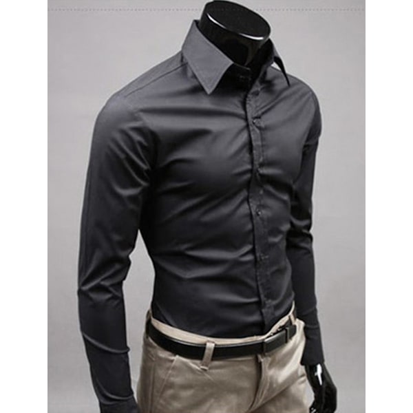 Män Långärmad Business Skjorta Vanlig Formell Casual Klänning Toppar Black 3XL
