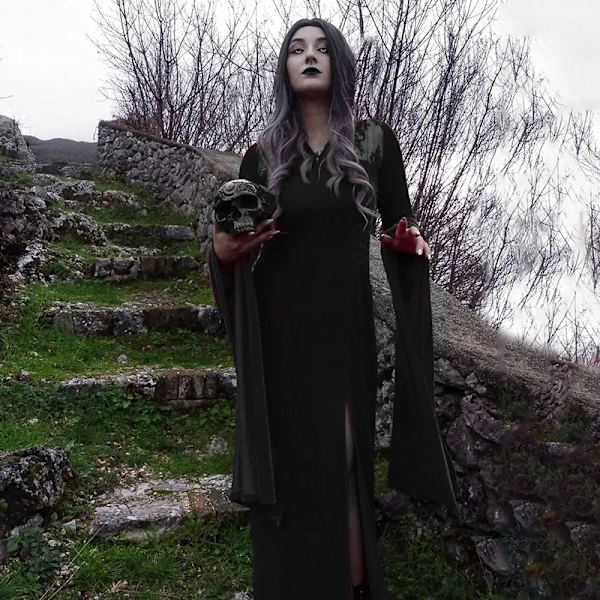 LL22001 sexig delad kjol spets ihålig sömnad lång klockärm Halloween häxa cos klänning Black M