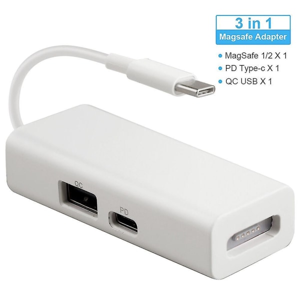 Usb-c Magsafe Adapter 3 i 1 Typ-c till Magsafe 1/2 Converter Adapter för bärbara datorer Bärbara datorer Smartphones White