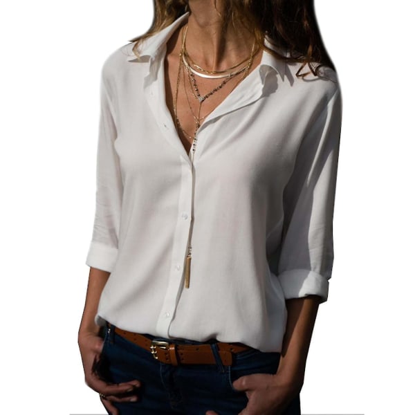 Kvinnor långärmad solid Button Down Lapel Shirt White 2XL