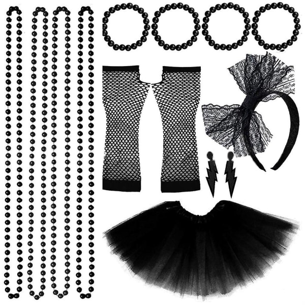 Kvinnor 80-tals kläder Accessoarer Retro Festkostym Set Vuxen Tutu kjol Neon Fishnet Handskar Pärlhalsband Armband Örhängen Black