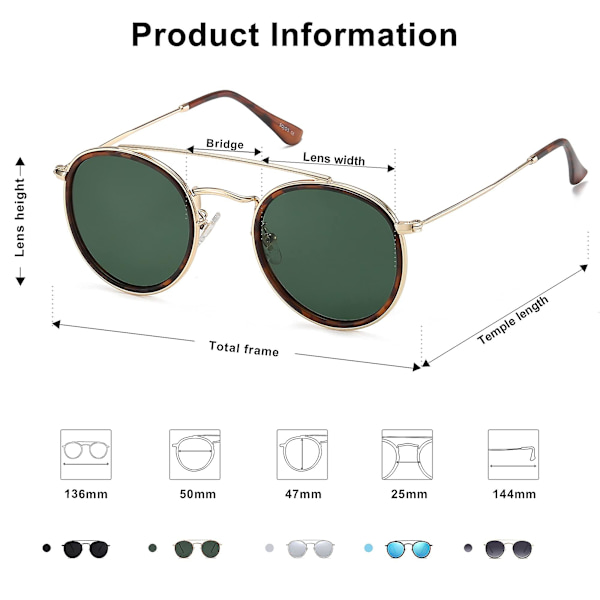 Retro Round Double Bridge Polarized Solglasögon För Kvinnor Män Twin Beams Circular Uv400 Sunnies