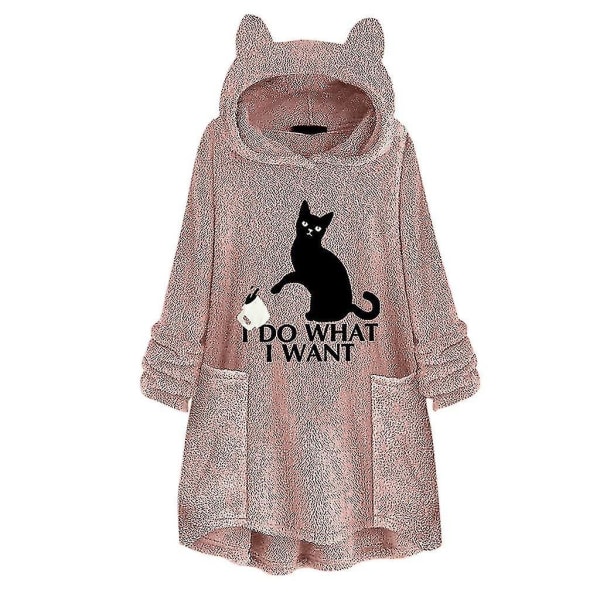 Huvtröja i fleece för kvinnor Vinter Varm Casual Sweatshirt Cat Ears Design Lös tröja Pink L