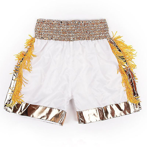 Muay Thai Shorts med tofsar Boxningsshorts Dam Herr Barn Andningsbar Satin Kickboxning Träningsbyxor Mma Kampsport Utrustning LS003 Gold Tassels M
