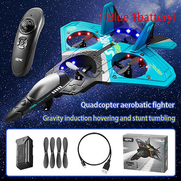 V17 Rc 2,4g 4 Motor Fjärrkontroll Fighter Epp Foam Glider Flygplan för pojke Blue 1battery