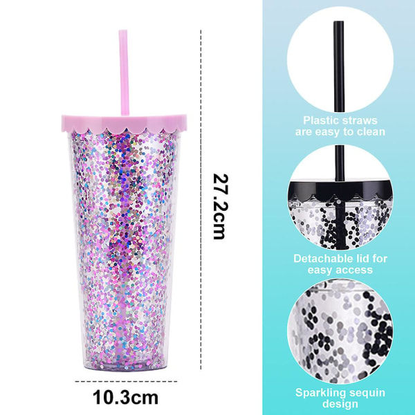 700 ml dubbellagers plastmugg, enkel genomskinlig glitterhalmkopp med paljetter, vattenkopp med stor kapacitet style2