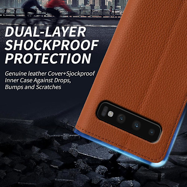 För Samsung Galaxy S10 Plus anti-scratch Litchi Texture Äkta kohud Läder+tpu Telefon Case Light Brown