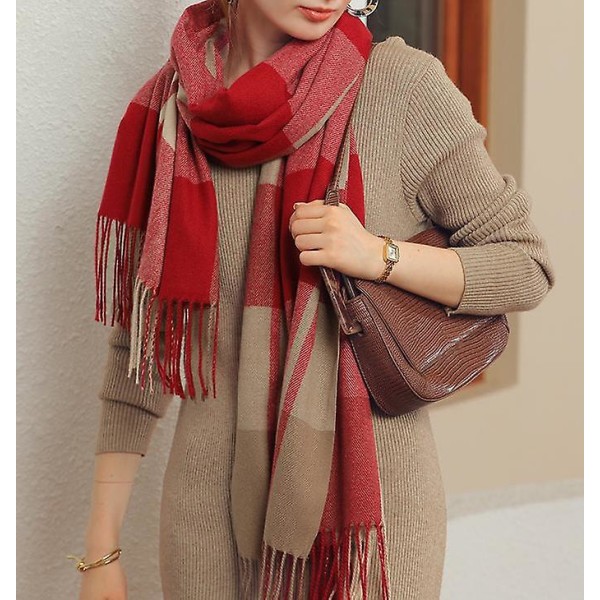 Cashmere Scarf Vinter Scarf Damsjal Förtjockad Varm Tofs Scarf-65*185cm-röd
