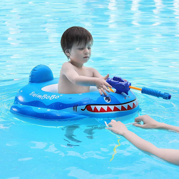 Swimbobo Toddler Uppblåsbar bil Baby med justerbart soltak och säkerhetssits Poolleksaker för barn Blue Shark