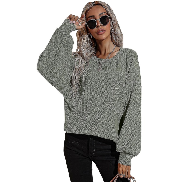 Damtröja med rund hals Våffelstickade toppar Långa puffärmar Casual blusar med ficka Green M