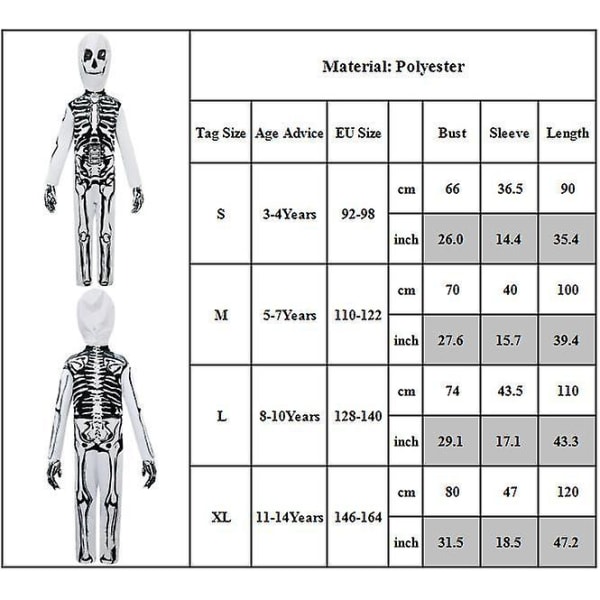 Halloween Kids Skelett Cosplay Kostym Festoutfit Jumpsuit Handskar Mask Set Fancy Dress Bodysuit 3-14 år 3-4 Years