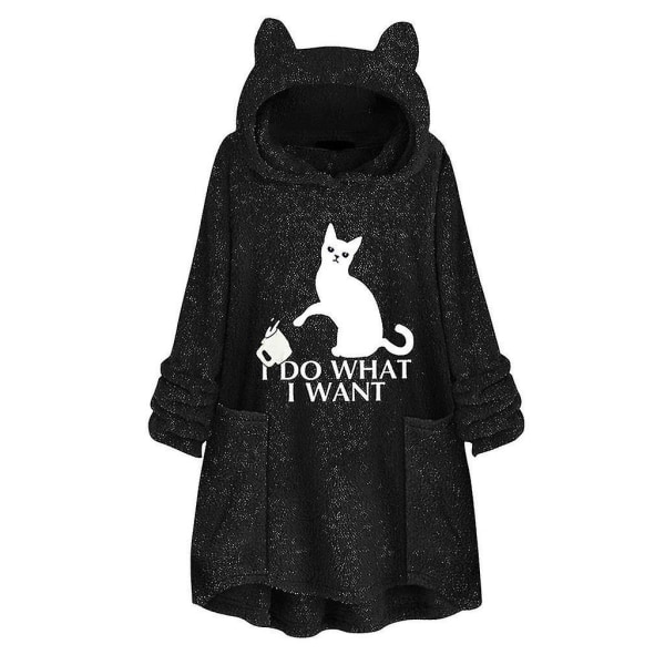 Huvtröja i fleece för kvinnor Vinter Varm Casual Sweatshirt Cat Ears Design Lös tröja Black 2XL