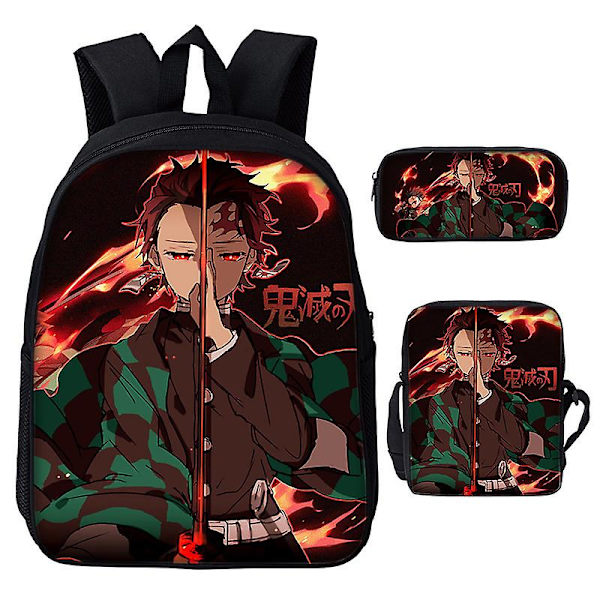 3st/ set Japan Anime Demon Slayer Studenter Pojkar Flickor Skolväska Ryggsäck Barn Tonåring Tecknad Oxford Vattentät skolväska Green 17 Inches