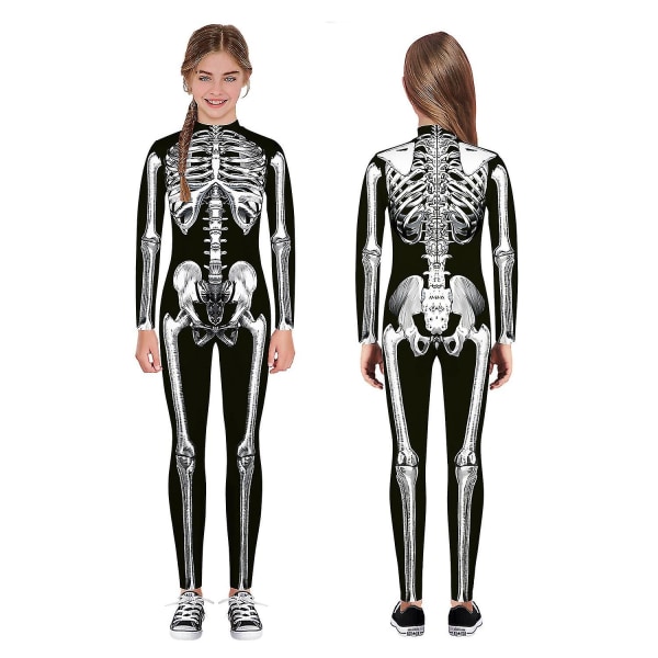 Halloween-skelettdräkt för barn och vuxna, bekväm Onesie Jumpsuit Black S
