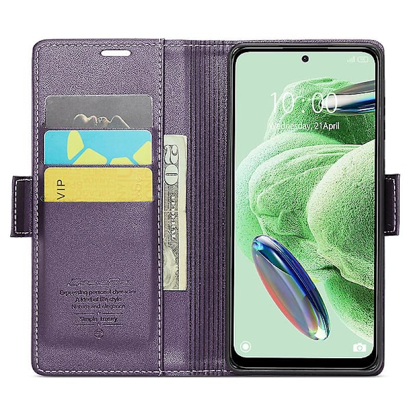 Caseme 023-serien för Xiaomi Redmi Note 12 5g (kina) / (indien) / (global) / Poco X5 5g Litchi Texture Rfid Blockerande case Läder Sta Purple