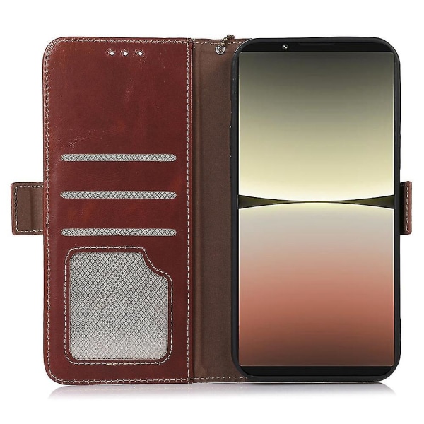 Timubike phone case i äkta kohud för Sony Xperia 1 V Crazy Horse Texture Rfid Blockeringsställ Plånboksskal Brown
