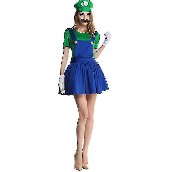 Super Mario Luigi Kostym Vuxen Barn Fancy Dress Outfit Clothing_y L Luigi Green Women