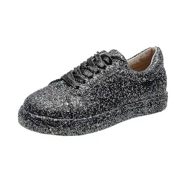 Kvinnor med snörning Glitter Sneakers Glitter Casual Jogging Sneakers Platta skor Black 35