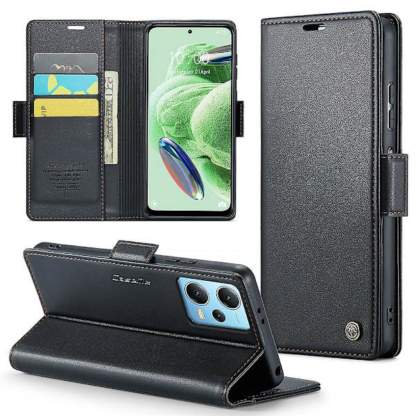 Caseme 023-serien för Xiaomi Redmi Note 12 5g (kina) / (indien) / (global) / Poco X5 5g Litchi Texture Rfid Blockerande case Läder Sta Black
