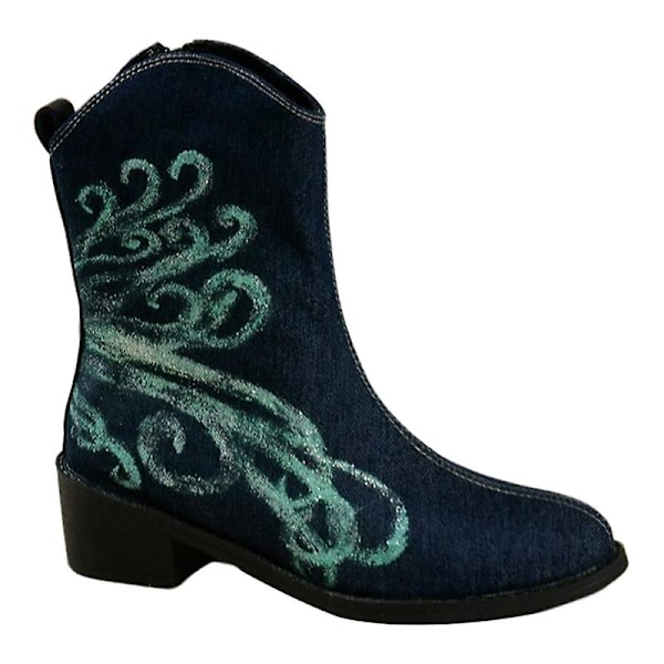 Dam Cowgirl Boots Floral Western Boot Kvinnor Chunky Heel Utomhus Mode Skor Blue EU 41