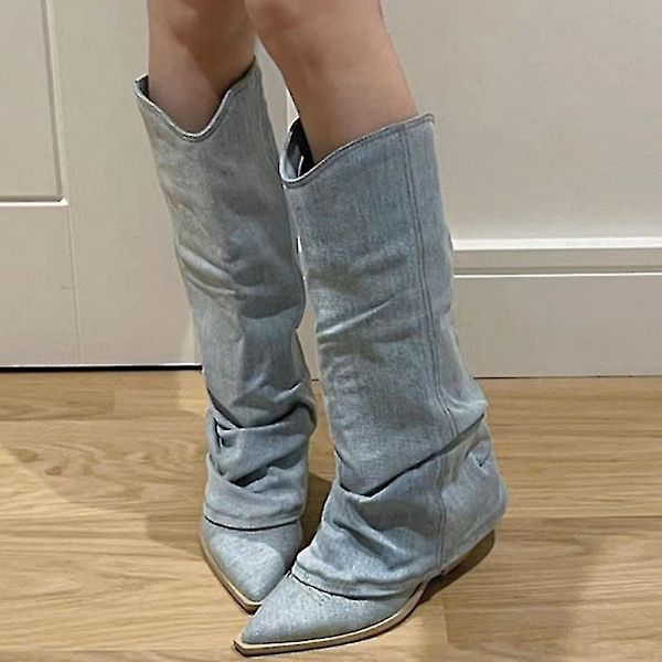 Veck Blå jeanslår höga stövlar för kvinnor 2023 Höst tjockklackade spetsiga tå Cowboystövlar Kvinna Slip On Western långa stövlar ankle boots 36