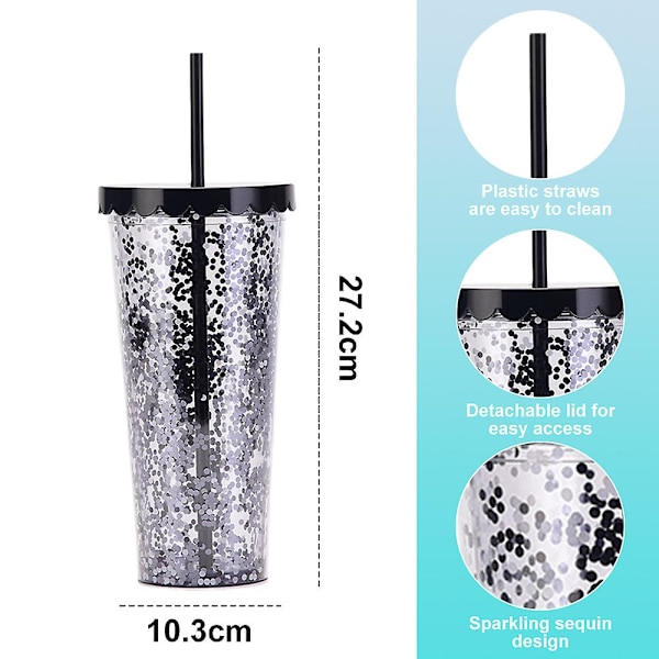700 ml dubbellagers plastmugg, enkel genomskinlig glitterhalmkopp med paljetter, vattenkopp med stor kapacitet style4