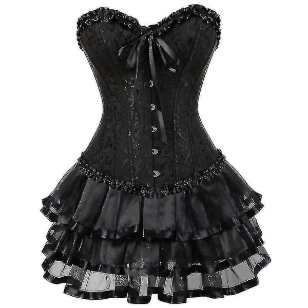 Korsetter Klänningar För kvinnor Plus Size Kostym Overbust Burlesk Korsett Och Mini Kjol Set Tutu Corselet black XXL